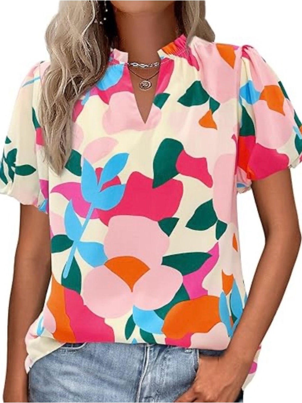 entro Bright Floral Short Sleeve Blouse - Pink, Blue, Green, Orange S